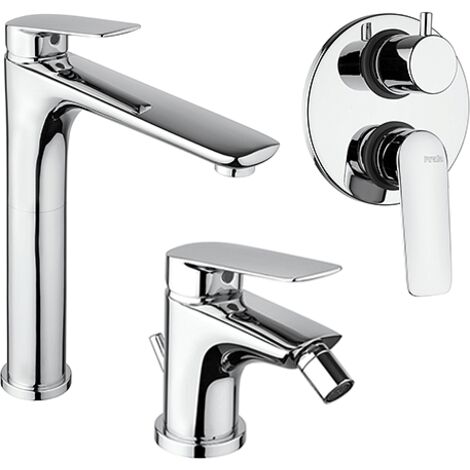 Set Rubinetti Piralla per lavabo alto e bidet con scarico automatico e doccia incasso con deviatore serie Lago cromato