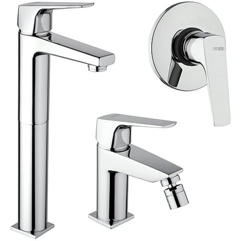 Set Rubinetti Piralla per lavabo alto e bidet con scarico automatico e doccia incasso serie Iceberg cromato
