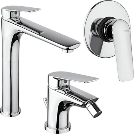 Set Rubinetti Piralla per lavabo alto e bidet con scarico automatico e doccia incasso serie Lago cromato