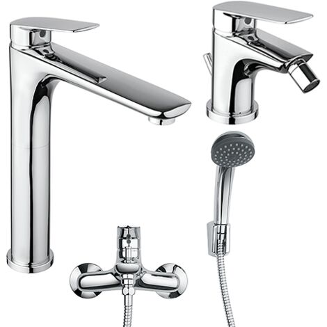 Set Rubinetti Piralla per lavabo alto e bidet con scarico automatico e vasca serie Lago cromato