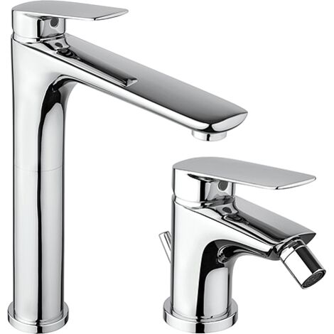 Set Rubinetti Piralla per lavabo alto e bidet con scarico automatico serie Lago cromato