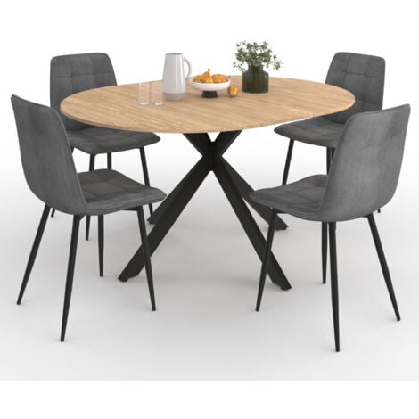 IDMARKET Set runder ausziehbarer Esstisch ALIX 110 - 150 cm und 4 Stühle MILA in dunkelgrauem Samt