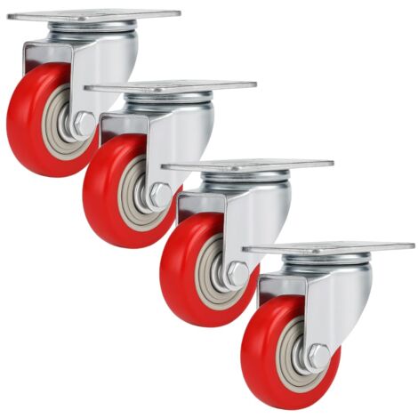 SET RUOTE GIREVOLI 75 mm ROTELLE SILENZIOSE PIROETTANTI IN POLIURETANO ROSSE, PER CARRELLO,MOBILI,ELETTRODOMESTICI, BANCHI DA LAVORO