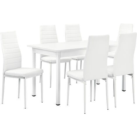 Set Sala da Pranzo Bjerkvik Tavolo 140x60 cm e 6 Sedie Imbottite Rivestimento in Similpelle - Bianco [en.casa]