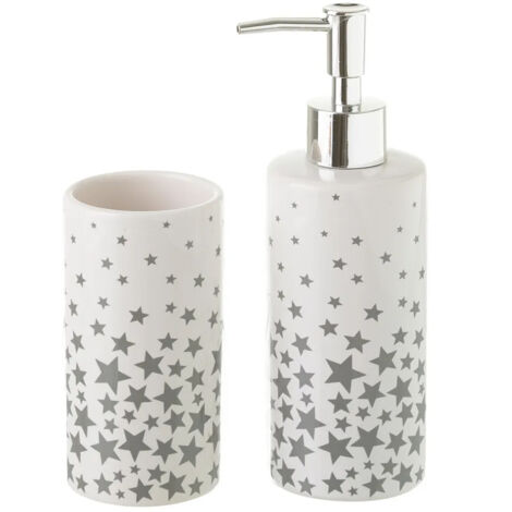 Set salle de bain blanc et étoiles grises - Distributeur Savon + Verre