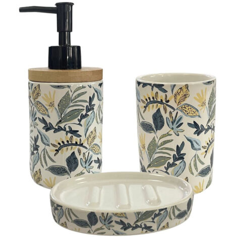 Set salle de bain céramique bleu 3 pièces – Distributeur de savon, porte-savon, porte-brosse à dents – Dimensions optimisées – Guy Levasseur