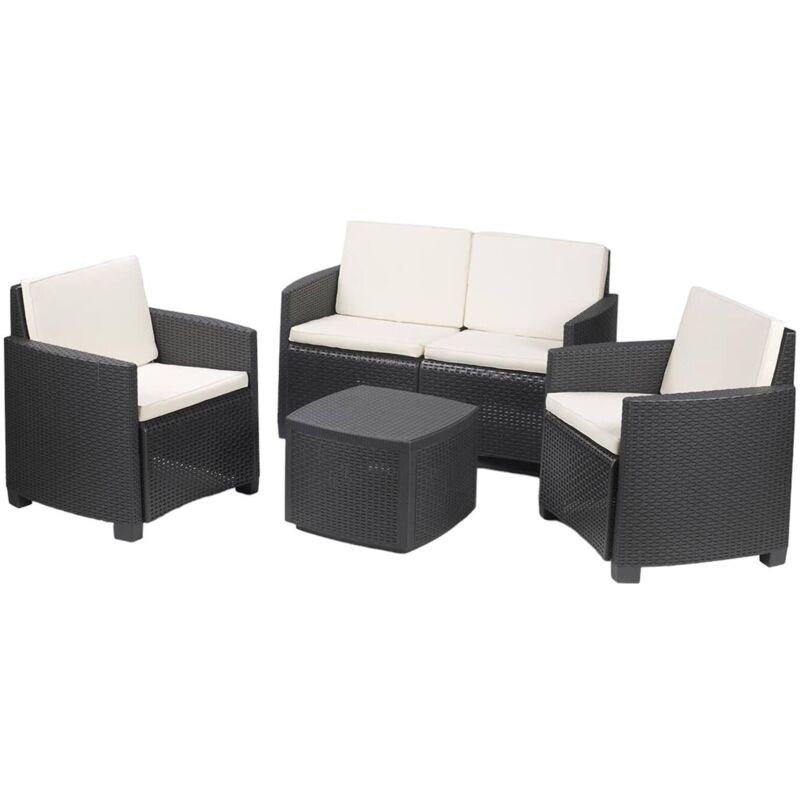 Ensemble de salon de jardin Etna table deux fauteuils et un canape' avec coussins en polypropyle'ne effet anthracite pour usage exte'rieur