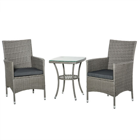 Set Salon de Jardin 3 Pièces en Résine Tressée et Acier, 2 Fauteuils avec Coussins Amovibles, Table Basse à Plateau Verre, Idéal Terrasse Balcon Cour Extérieur, Couleur Anthracite