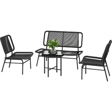 Set salon de jardin rotin 4 pièces, canapé extérieur avec table basse métal noir