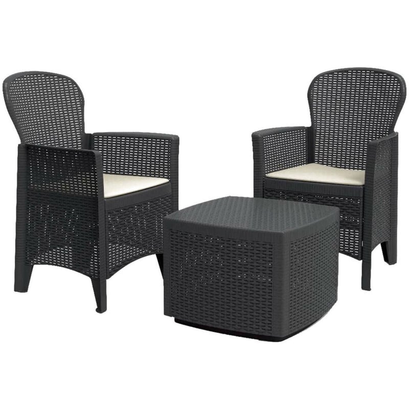 Set salon d'extérieur Napoli, Salon de jardin composé de 2 fauteuils et 1 table conteneur, Salon effet rotin, 100% Made in Italy, Anthracite - Dmora