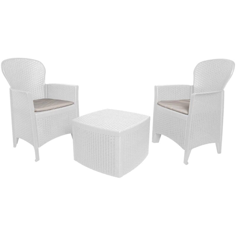 Set salon d'extérieur Napoli, Salon de jardin composé de 2 fauteuils et 1 table conteneur, Salon effet rotin, 100% Made in Italy, Blanc - Dmora