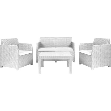Set salottino giardino lavinia, in resina, 1 divano 122x65xh.76 cm, 2 poltrone 63x65xh.76 cm, tavolo 76x58xh.41 cm, colore bianco