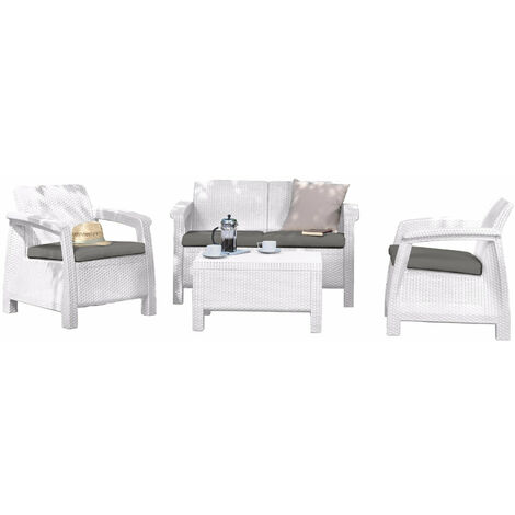 Set salotto completo da giardino poltrone divano e tavolino rattan Keter Corfù bianco