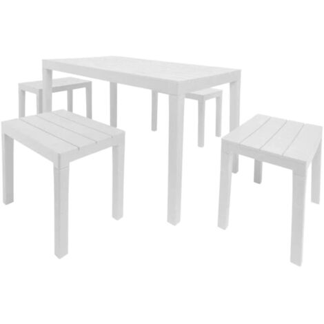 Set salotto da esterno Asta, Composizione da giardino con 1 tavolo rettangolare e 4 panchine, Salottino indoor e outdoor da Pic Nic, 100% Made in Italy, Bianco
