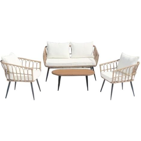 Set Salotto da Esterno in Rattan e Vimini con Tavolino Poltrone e Cuscini