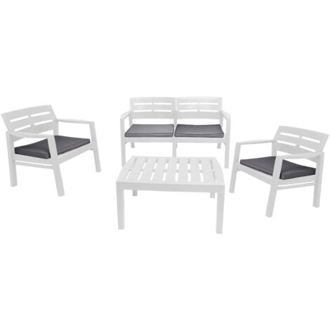 Set salotto da esterno, Set da giardino con 2 poltrone, 1 divano ed 1 tavolino, Salottino indoor e outdoor con cuscini, 100% Made in Italy, Bianco