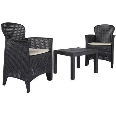 Set salotto da esterno, Set da giardino con 2 poltrone ed 1 tavolino, Salottino effetto rattan con cuscini, 100% Made in Italy, Antracite