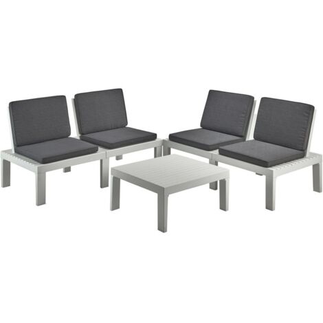 Set salotto da esterno Vigevano, Composizione da giardino con 4 sedute con schienale ed 1 modulo multifunzione, Salottino con cuscini, 100% Made in Italy, Bianco