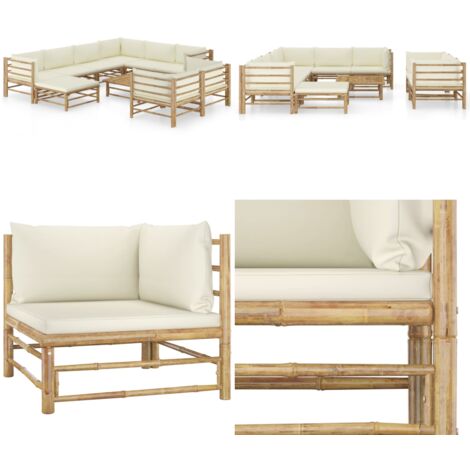 Set Salotto da Giardino 10pz con Cuscini Bianco Crema in Bambù - Cuscini da giardino - Divano da esterno