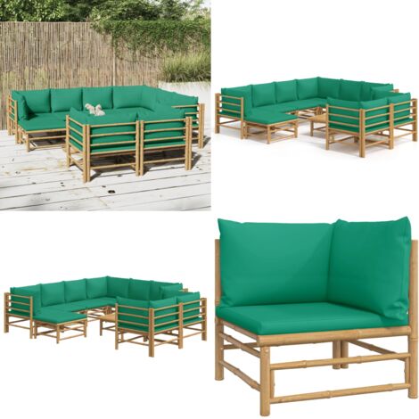 Set Salotto da Giardino 10pz con Cuscini Verdi Bambù - Divano da giardino - Cuscini da giardino