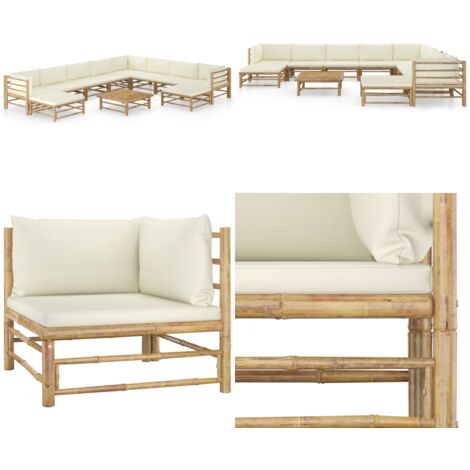 Set Salotto da Giardino 11pz con Cuscini Bianco Crema in Bambù - Cuscini da giardino - Divano da esterno