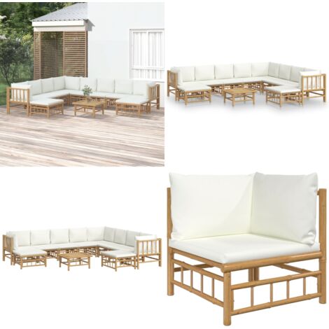 Set Salotto da Giardino 11pz con Cuscini Bianco Crema in Bambù - Divano da giardino - Cuscini da sedile