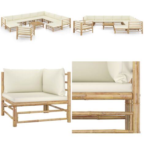 Set Salotto da Giardino 12pz con Cuscini Bianco Crema in Bambù - Divano da giardino - Cuscini da giardino