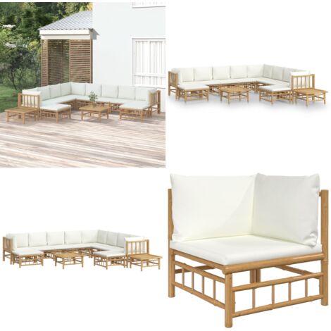 Set Salotto da Giardino 12pz con Cuscini Bianco Crema in Bambù - Divano da giardino - Cuscini da sedile