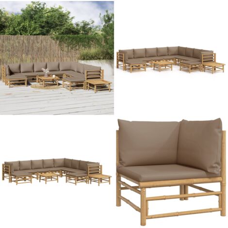 Set Salotto da Giardino 12pz con Cuscini Tortora Bambù - Divano da giardino - Cuscini da sedile