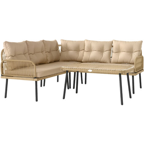 Set Salotto da Giardino 2 Divani Poltrona Angolare e Tavolino in Vetro in Rattan Colore Legno