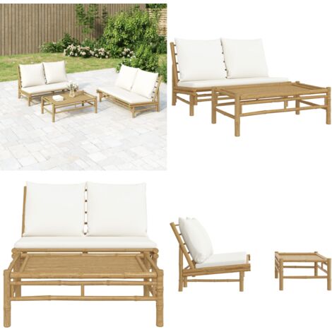 Set Salotto da Giardino 2pz con Cuscini Bianco Crema in Bambù - Tavolino da caffè - Panca da giardino