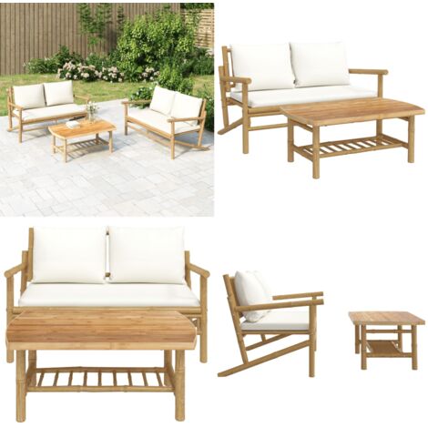 Set Salotto da Giardino 2pz con Cuscini Bianco Crema in Bambù - Tavolino da caffè - Panca da giardino