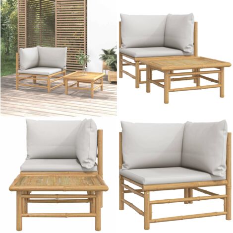 Set Salotto da Giardino 2pz con Cuscini Grigio Chiaro Bambù - Divano da giardino - Tavolo da giardino