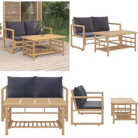 Set Salotto da Giardino 2pz con Cuscini Grigio Scuro Bambù - Cuscini da seduta - Panca da giardino