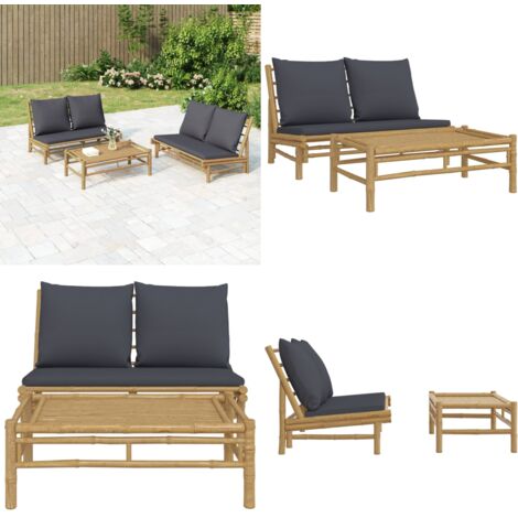 Set Salotto da Giardino 2pz con Cuscini Grigio Scuro Bambù - Tavolino da caffè - Panca da giardino