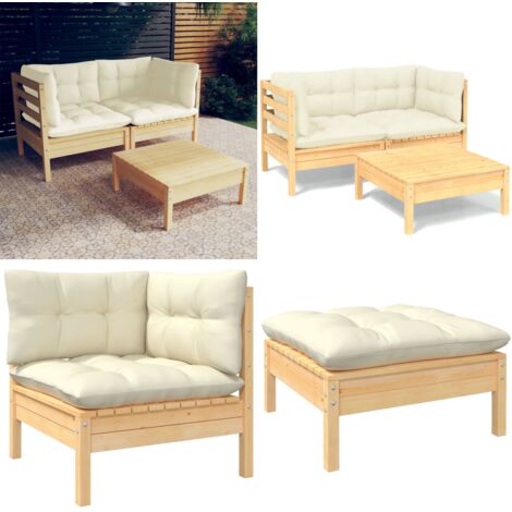 Set Salotto da Giardino 3 pz con Cuscini Crema Legno di Pino - Salotto da patio - Cuscini da giardino