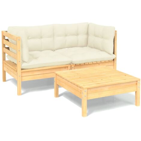 Set Salotto da Giardino 3 pz con Cuscini Crema Legno di Pino vidaXL