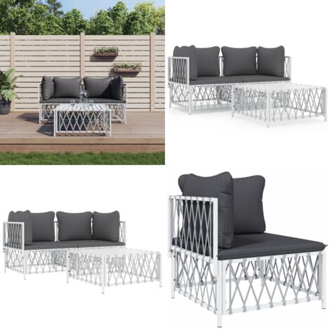 Set Salotto da Giardino 3 pz con Cuscini in Acciaio Bianco - Tavolo da giardino - Cuscini da giardino