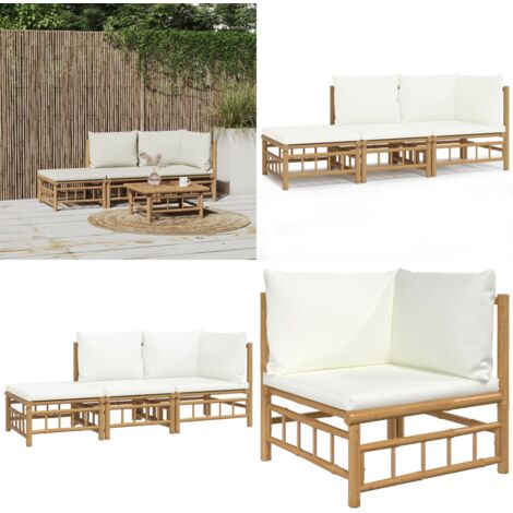 Set Salotto da Giardino 3pz con Cuscini Bianco Crema in Bambù - Divano da giardino - Cuscini da giardino