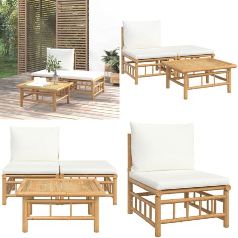 Set Salotto da Giardino 3pz con Cuscini Bianco Crema in Bambù - Divano da giardino - Tavolo da giardino