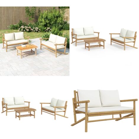 Set Salotto da Giardino 3pz con Cuscini Bianco Crema in Bambù - Set da salotto esterno - Tavolo da giardino