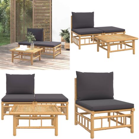 Set Salotto da Giardino 3pz con Cuscini Grigio Scuro Bambù - Divano da giardino - Tavolo da giardino