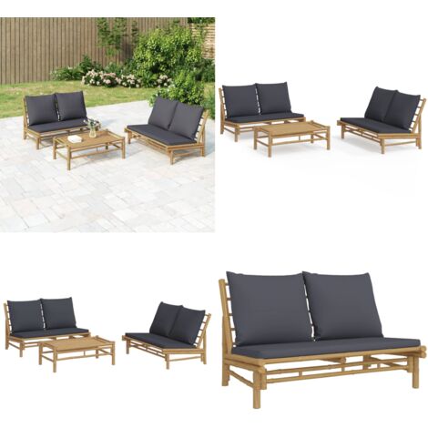 Set Salotto da Giardino 3pz con Cuscini Grigio Scuro Bambù - Sedute da esterno - Tavoli da salotto