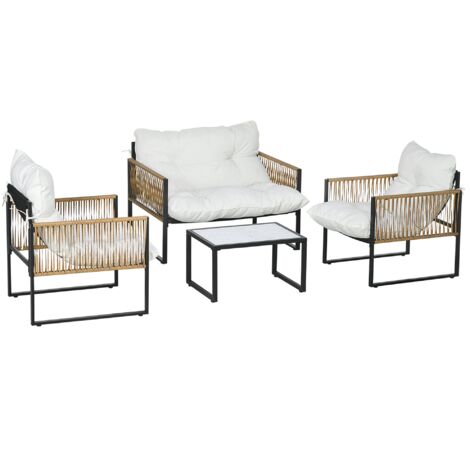 Set Salotto da Giardino 4 Pezzi con Divanetto, 2 Sedie e Tavolino da Caffè Nero Marrone e Crema