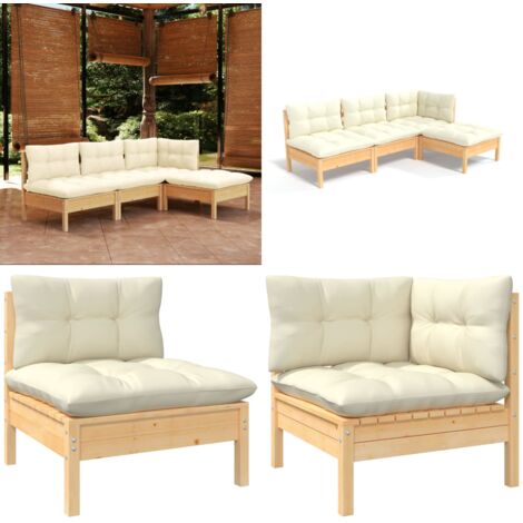 Set Salotto da Giardino 4 pz con Cuscini Crema in Legno di Pino - Divano da giardino - Cuscini da giardino