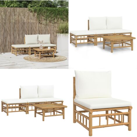 Set Salotto da Giardino 4pz con Cuscini Bianco Crema in Bambù - Divano da esterno - Tavolo da giardino