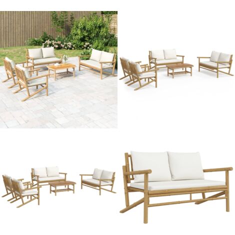 Set Salotto da Giardino 5pz con Cuscini Bianco Crema in Bambù - Tavoli da salotto - Sedie da giardino