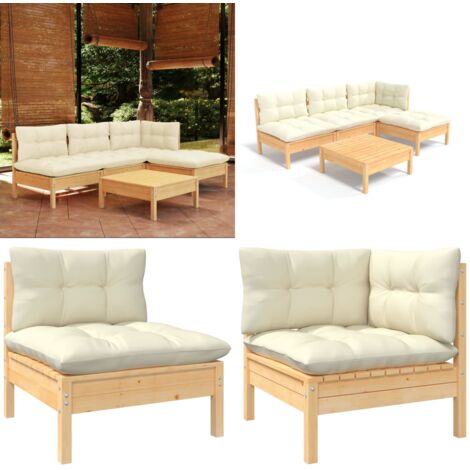 Set Salotto da Giardino 5pz con Cuscini Crema in Legno di Pino - Divano da giardino - Cuscini da giardino