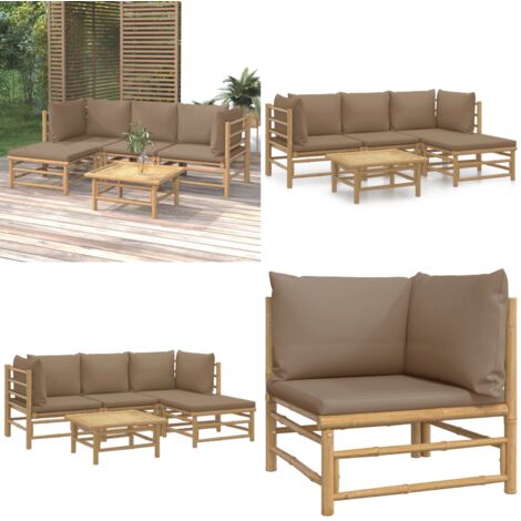 Set Salotto da Giardino 5pz con Cuscini Tortora Bambù - Divano da giardino - Cuscini da giardino
