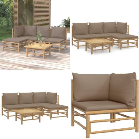 Set Salotto da Giardino 5pz con Cuscini Tortora Bambù - Divano da giardino - Cuscini da giardino